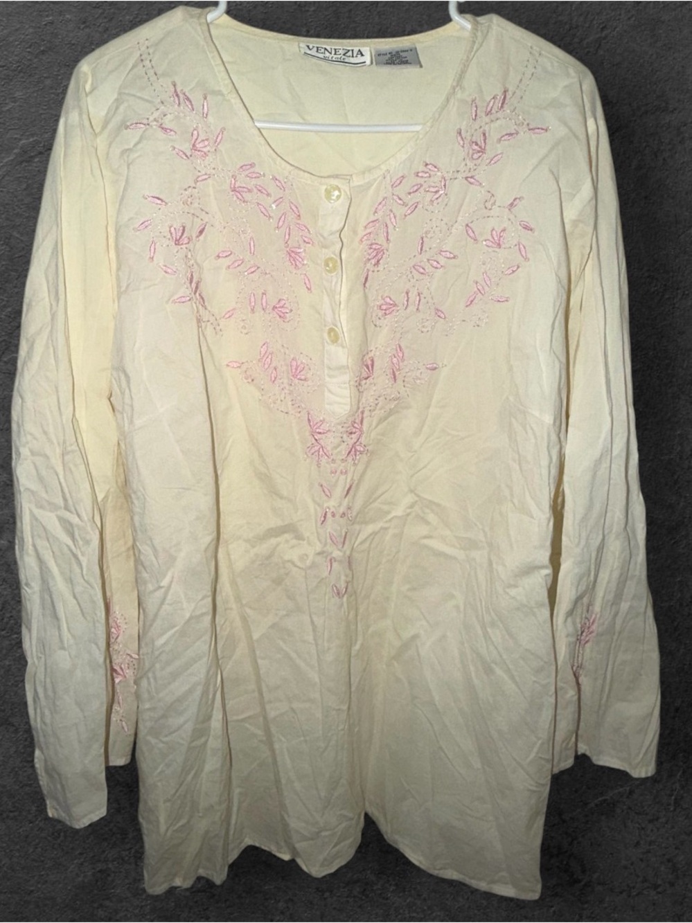 Vintage Venezia 1X White Pink Embroidered Floral Cotton Blouse Top
